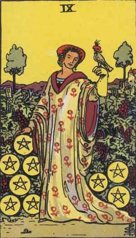The Nine of Pentacles card in the Rider-Waite tarot deck