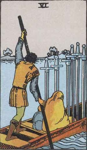 The Six of Swords card in the Rider-Waite tarot deck