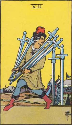 The Seven of Swords card in the Rider-Waite tarot deck