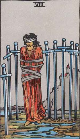 The Eight of Swords card in the Rider-Waite tarot deck