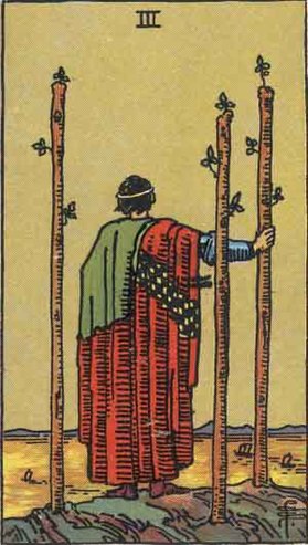The Three of Wands card in the Rider-Waite tarot deck