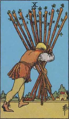 The Ten of Wands card in the Rider-Waite tarot deck